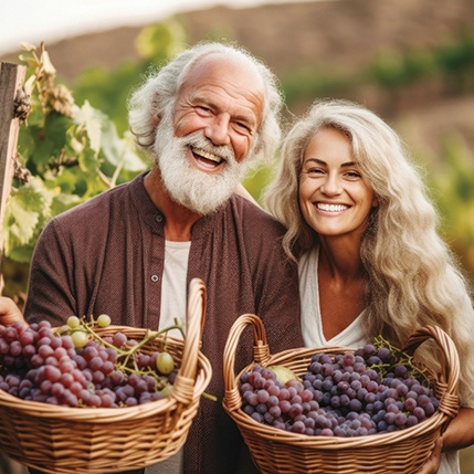 Middle-aged couple picking grapes and smiling